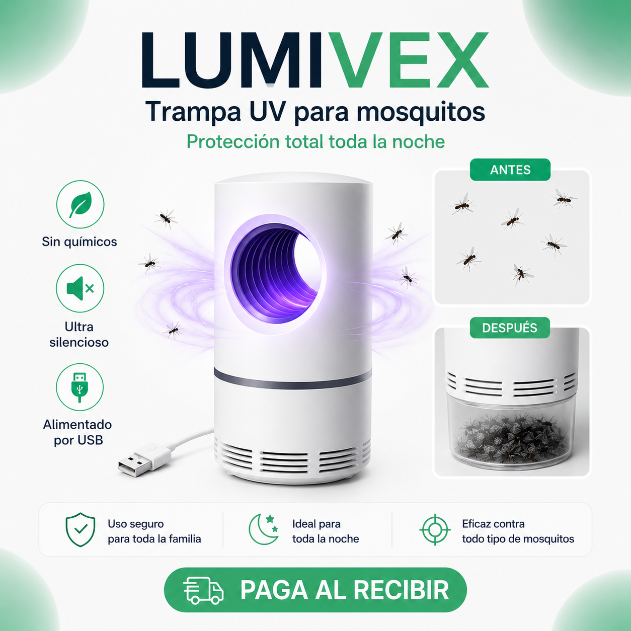 LUMIVEX - Trampa UV Silenciosa para Mosquitos, Segura para Niños y Mascotas